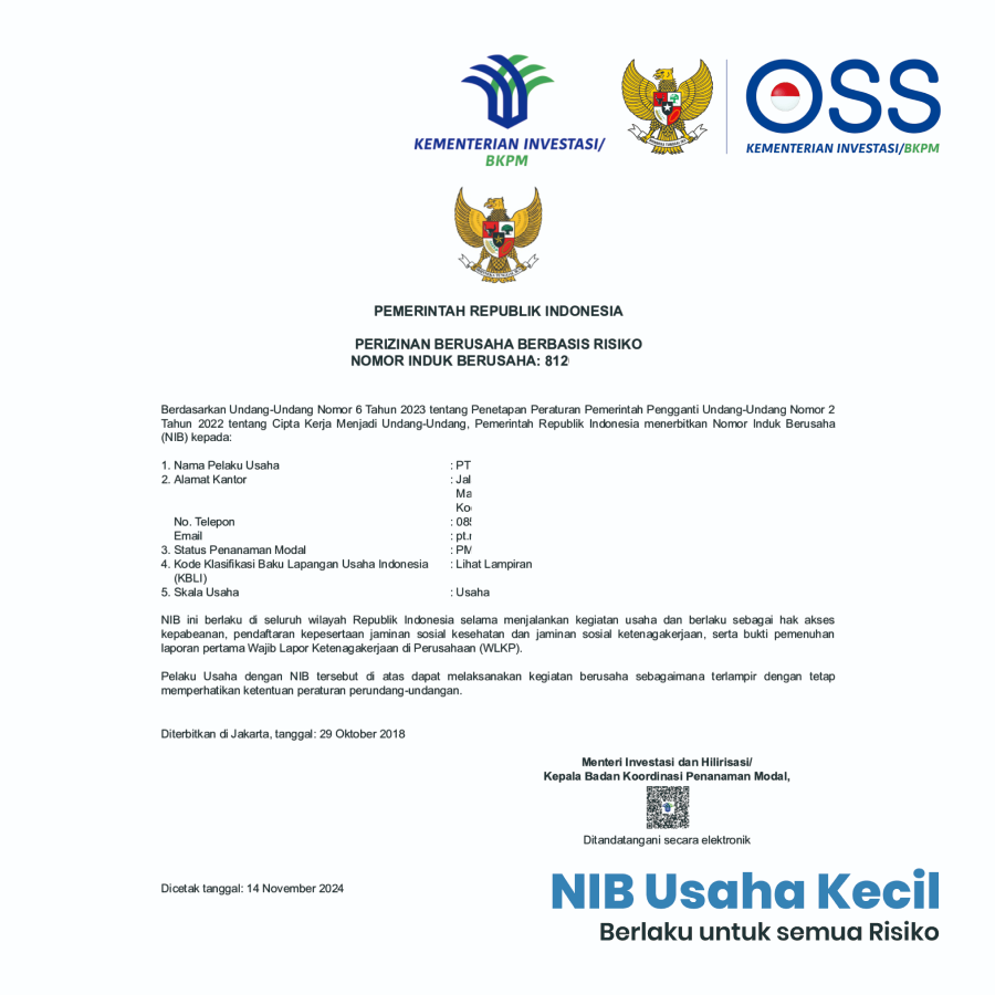 Makape pengurusan izin usaha : NIB Usaha Kecil berlaku untuk semua resiko