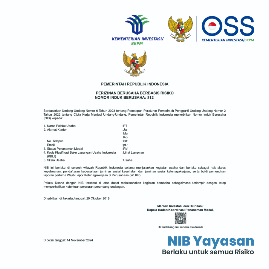 Makape pengurusan izin usaha : NIB Yayasan berlaku untuk semua resiko